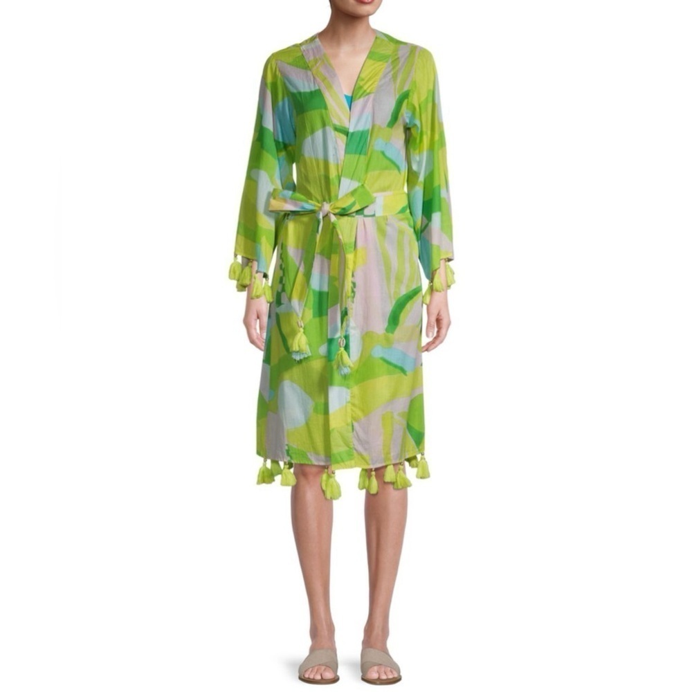True Destinations 100% Cotton Bright Printed Tassel Trim Cover Up Robe Belt Sz L